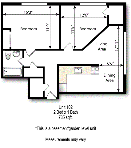 Floor plan for 2 beds, 1 bath, 785 sqft